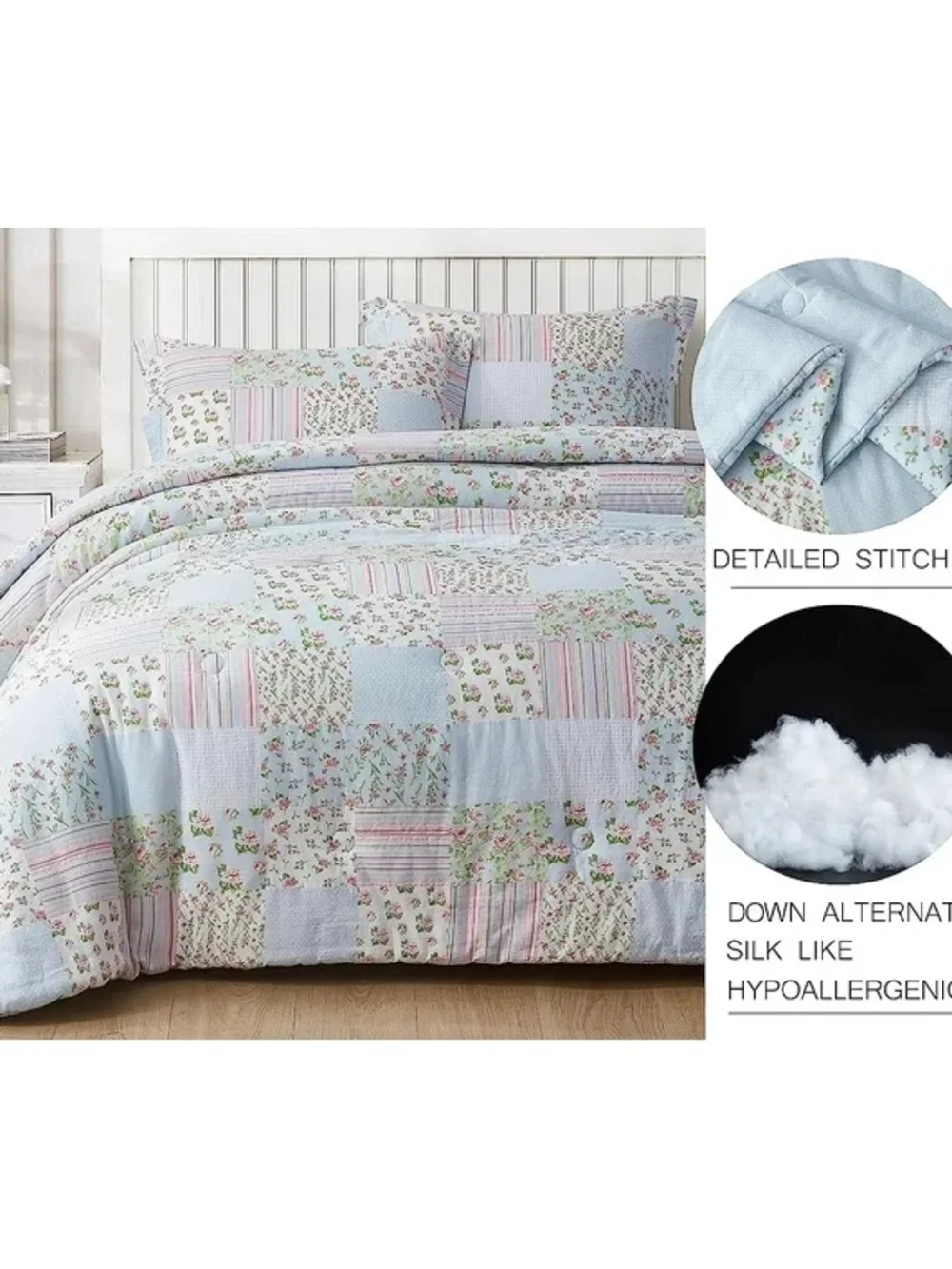Light Blue Floral Patchwork Full size 100% cotton 3 piece Comforter Set